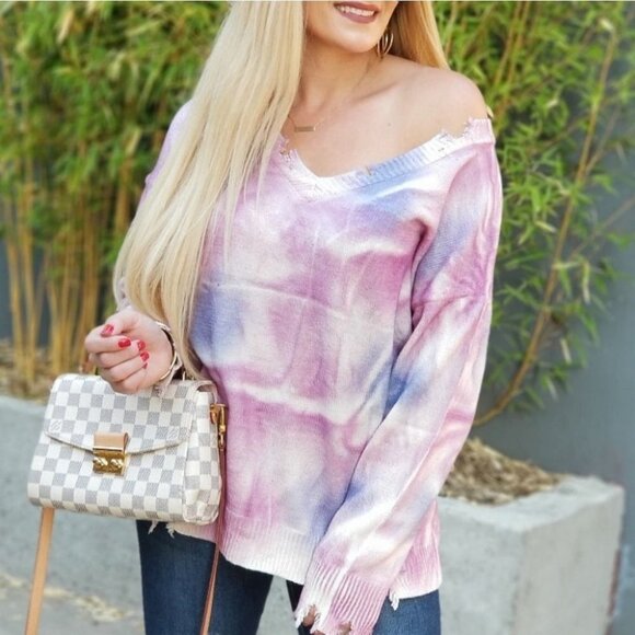 Casual Tie Dye Sweater Top - Pink Purple - Picture 1 of 6